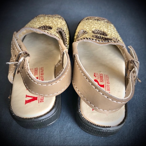 Toddler Pakistani Peshawari Chapal Sandal Thread Embroidered Gold/Brown - Picture 5 of 6